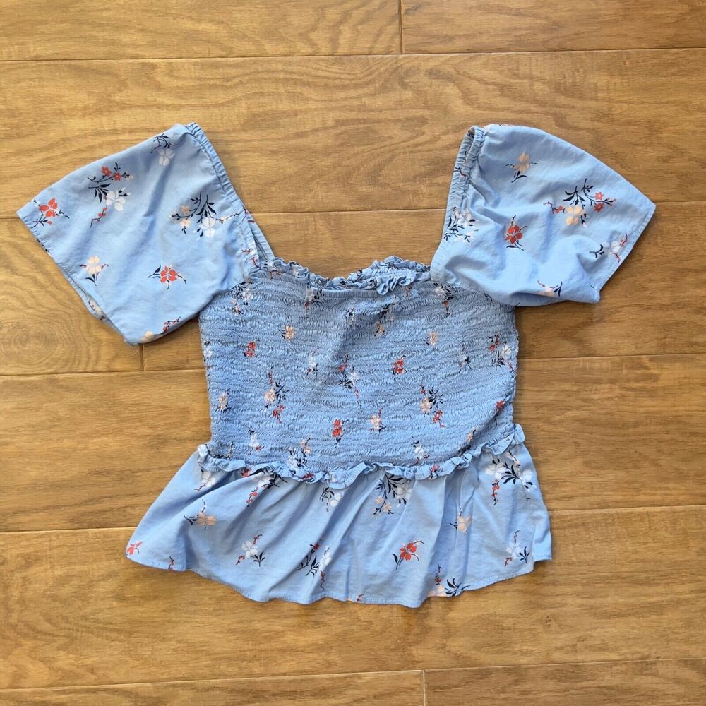 Madewell Smocked Flutter-Sleeve Top in Aloha Floral Size XS Blue